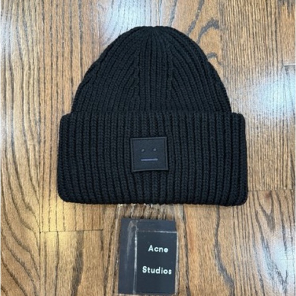 Acne Black Ribbed Knit Beanie with Subtle Face Patch